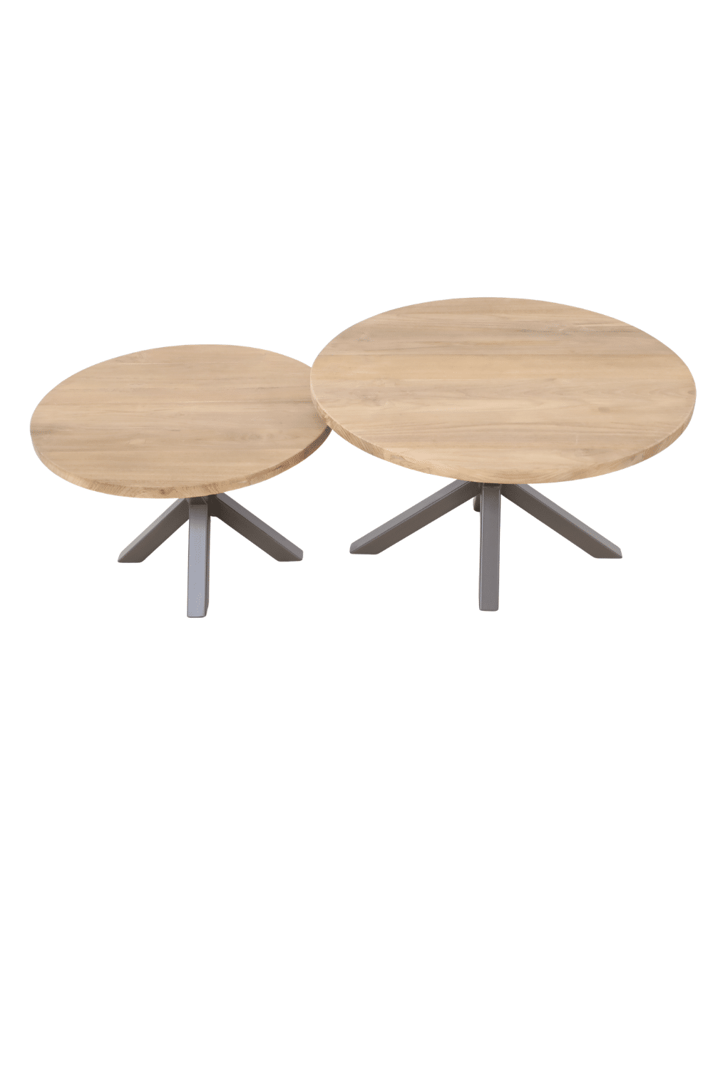 Set van 2 ronde teak houten salontafels met een bruine metalenn poot Set van 2 ronde teak houten salontafels met een bruine metalenn poot