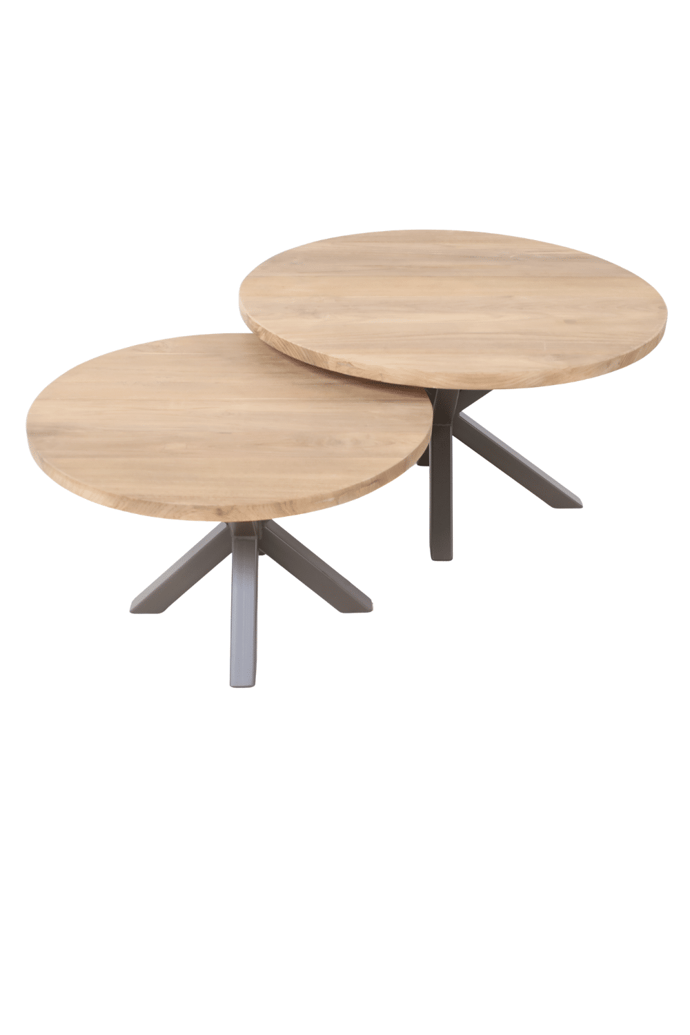 Set van 2 ronde teak houten salontafels met een bruine metalenn poot Set van 2 ronde teak houten salontafels met een bruine metalenn poot