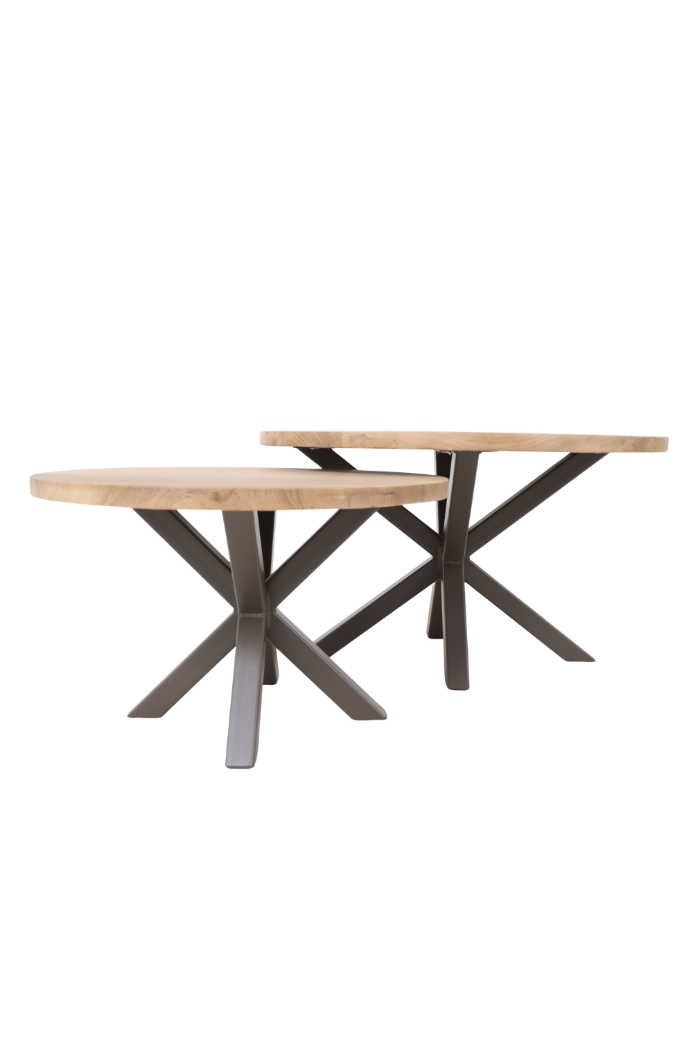 Set van 2 ronde teak houten salontafels met een bruine metalenn poot Set van 2 ronde teak houten salontafels met een bruine metalenn poot