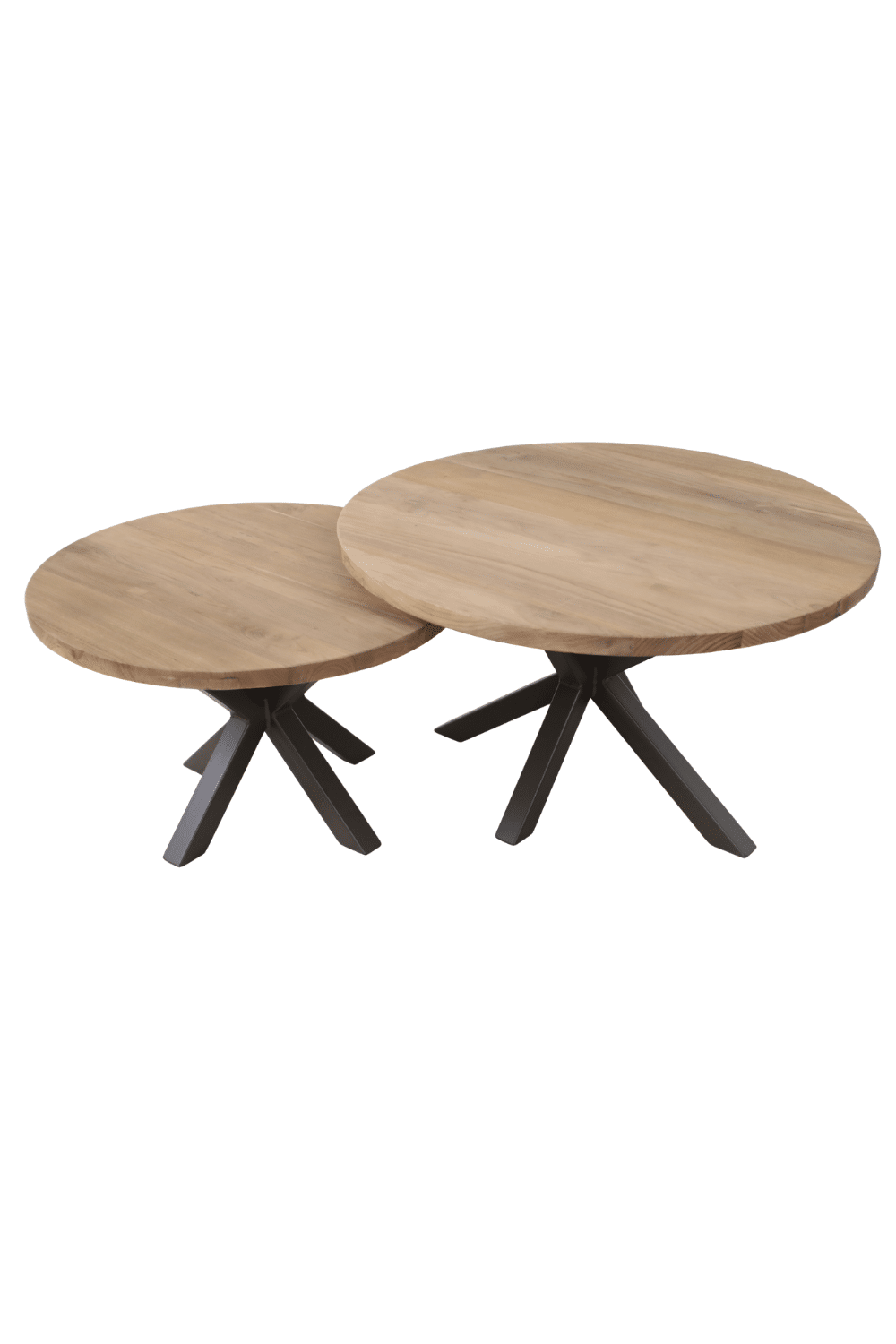 Set van 2 ronde teak houten salontafels met een bruine metalenn poot Set van 2 ronde teak houten salontafels met een bruine metalenn poot