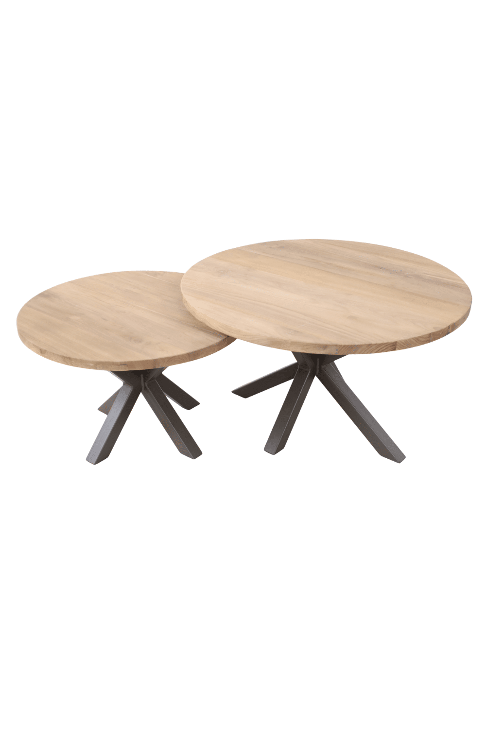 Set van 2 ronde teak houten salontafels met een bruine metalenn poot Set van 2 ronde teak houten salontafels met een bruine metalenn poot