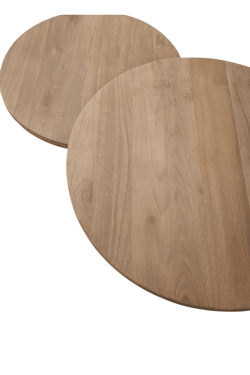 Set van 2 ronde teak houten salontafels met een bruine metalenn poot Set van 2 ronde teak houten salontafels met een bruine metalenn poot