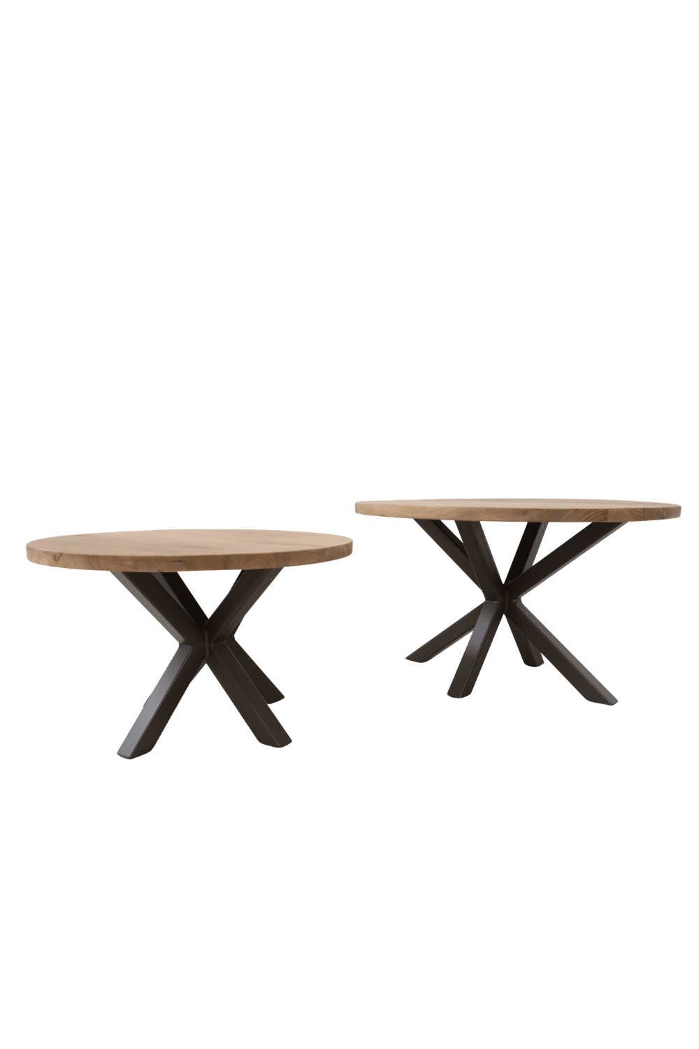 Set van 2 ronde teak houten salontafels met een bruine metalenn poot Set van 2 ronde teak houten salontafels met een bruine metalenn poot