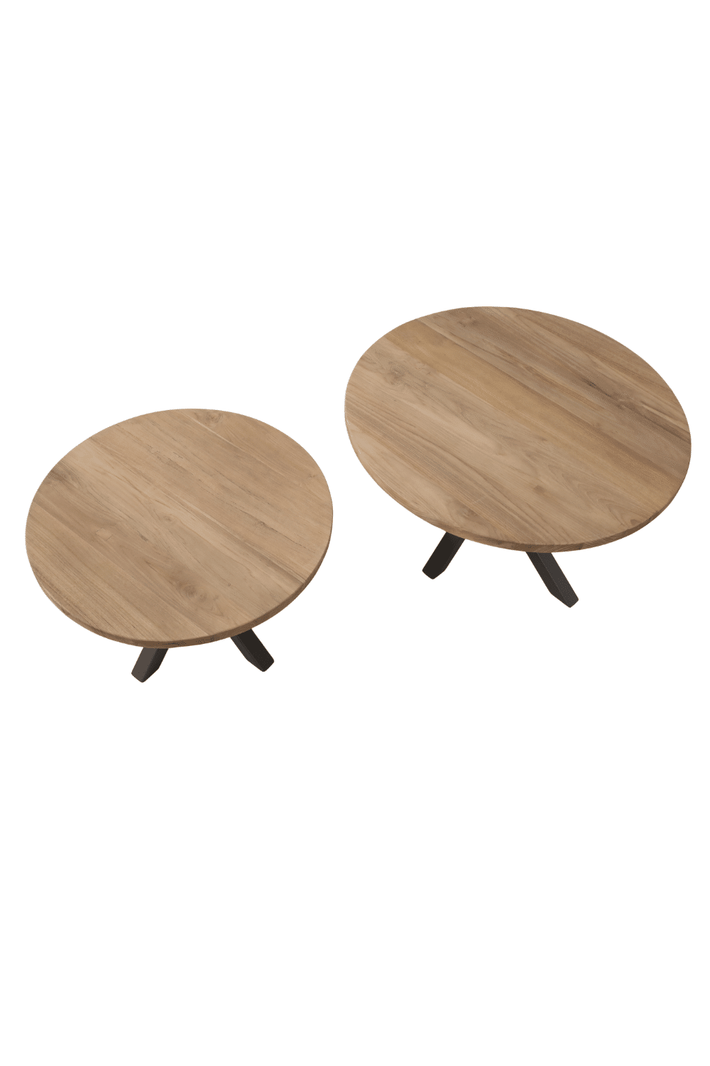 Set van 2 ronde teak houten salontafels met een bruine metalenn poot Set van 2 ronde teak houten salontafels met een bruine metalenn poot