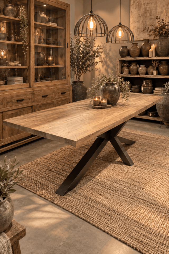 Teak houten eettafel 260 cm met een anodic brown metalen matrix spin poot