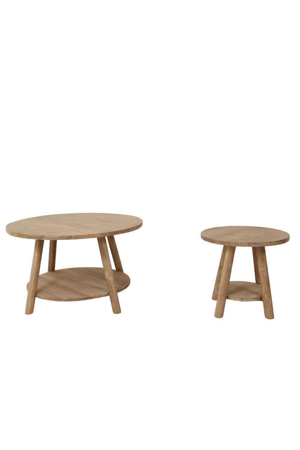 Teak houten salontafel set van 2 ronde salontafels 85cm en 50 cm Teak houten salontafel Teak houten salontafel set van 2 ronde salontafels 85cm en 50 cm Teak houten salontafel