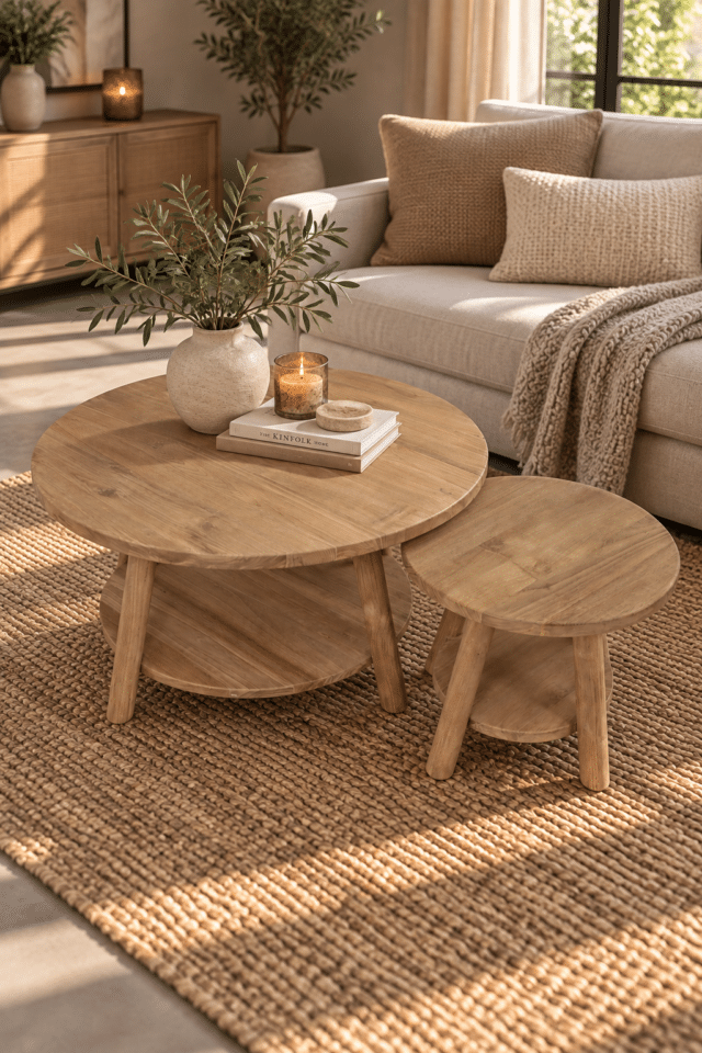 Teak houten salontafel set van 2 ronde salontafels 85cm en 50 cm Teak houten salontafel