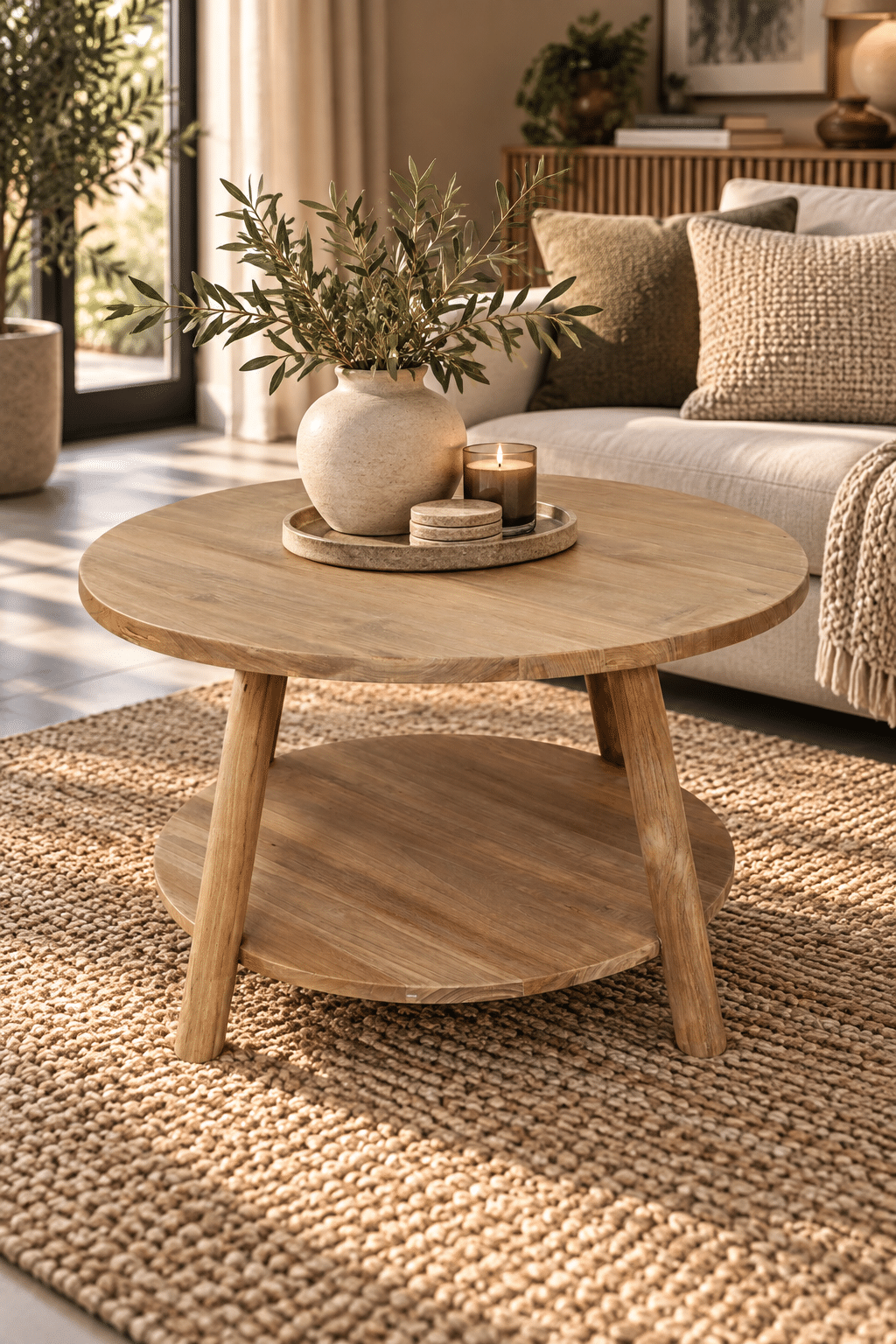 Teak houten salontafel set van 2 ronde salontafels 85cm en 50 cm Teak houten salontafel Teak houten salontafel set van 2 ronde salontafels 85cm en 50 cm Teak houten salontafel
