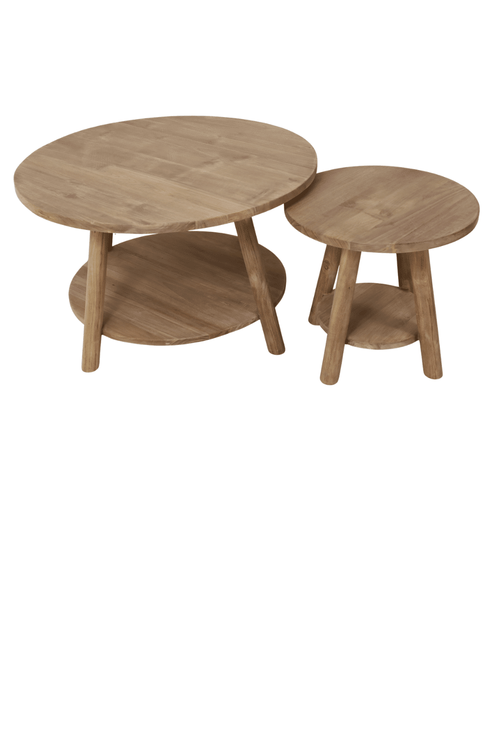 Teak houten salontafel set van 2 ronde salontafels 85cm en 50 cm Teak houten salontafel Teak houten salontafel set van 2 ronde salontafels 85cm en 50 cm Teak houten salontafel