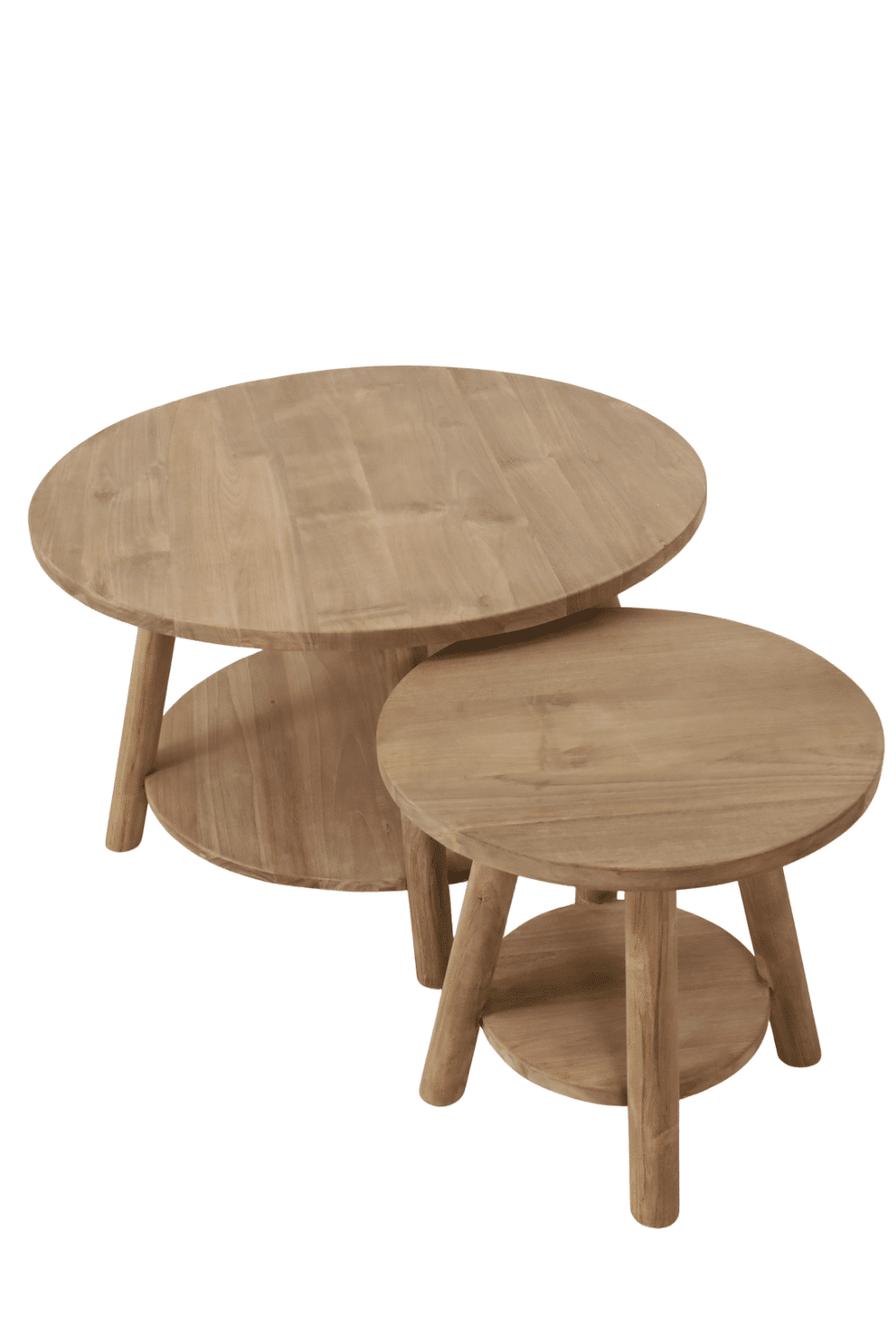 Teak houten salontafel set van 2 ronde salontafels 85cm en 50 cm Teak houten salontafel Teak houten salontafel set van 2 ronde salontafels 85cm en 50 cm Teak houten salontafel
