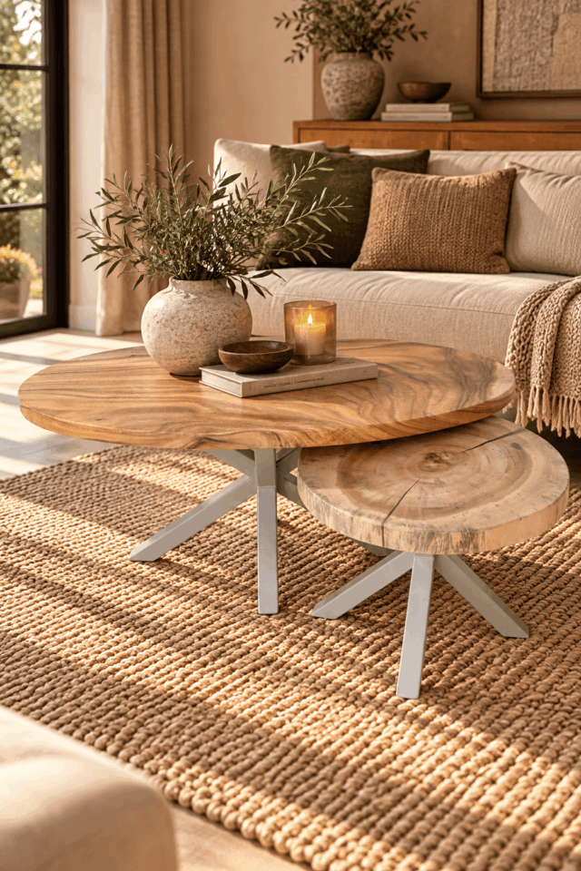 suar setje salontafels ovaal en rond 100x49x46 cm en 48x48x40 cm met beige poot