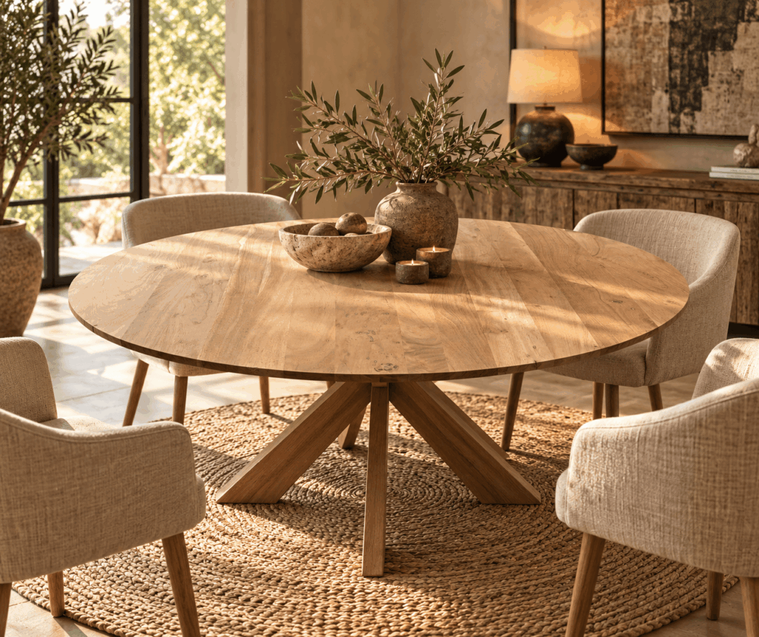Ronde 130 cm eettafel eiken look rond naturel kleur Ronde 130 cm eettafel eiken look rond naturel kleur