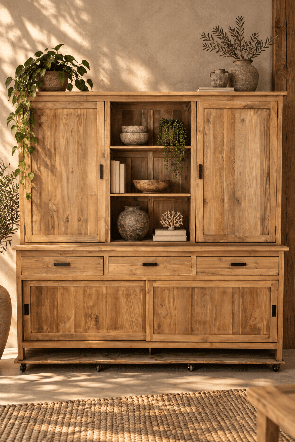 teak houten Vitrine kast opbergkast zonder glas breur 4 dichte deuren 3 lade en 3 open vakken 220x52x220 cm