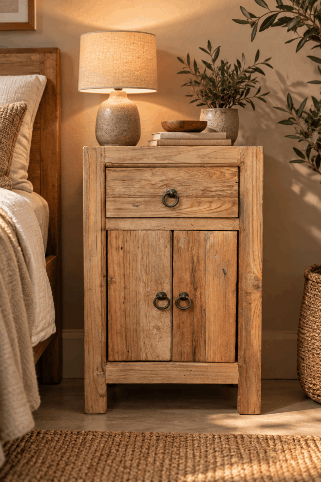 Rustieke houten nachtkast in warme slaapkamer