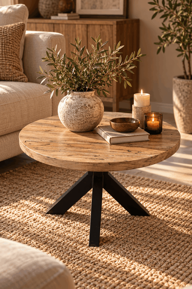 Teak houten ronde salontafel bijzettafel met zwart metalen poot rural60x60x46 cm
