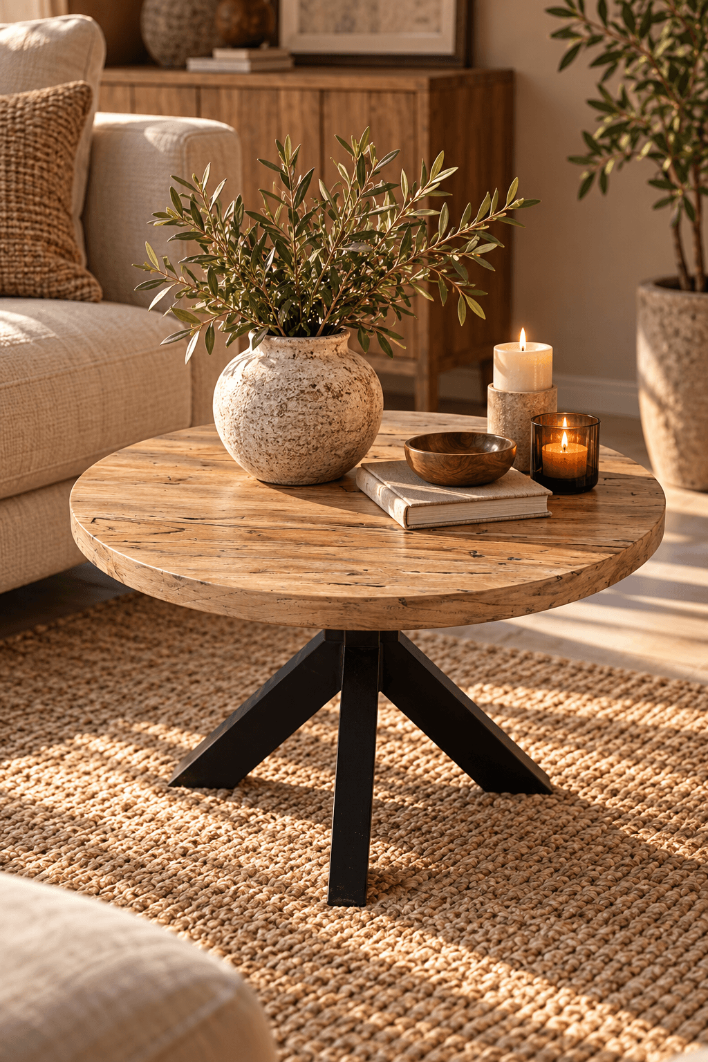 Teak houten ronde salontafel bijzettafel met zwart metalen poot rural60x60x46 cm