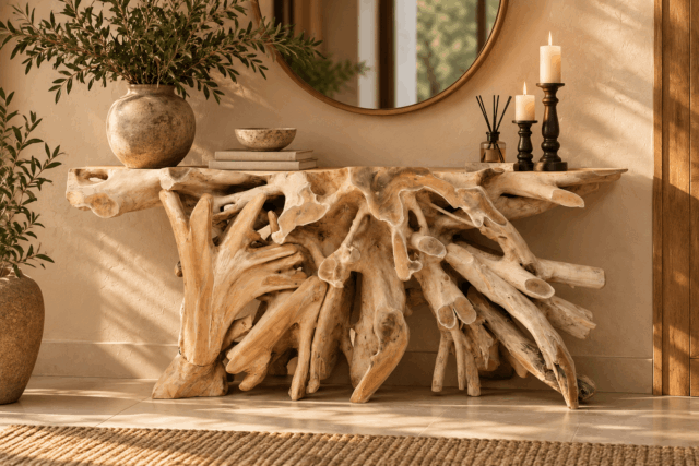 Rustieke wortelhouten console in warm interieur