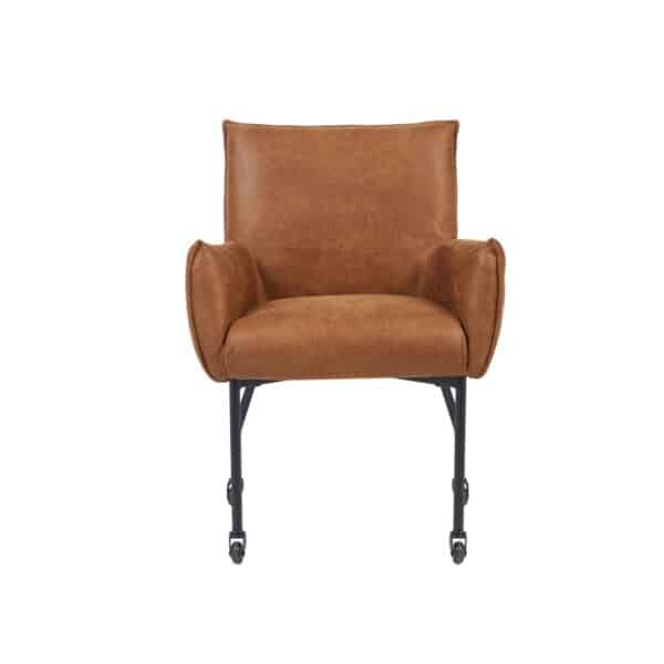 Luxe Eetkamerstoel Pim leder look cognac stoel met armleuning en met wieltjes