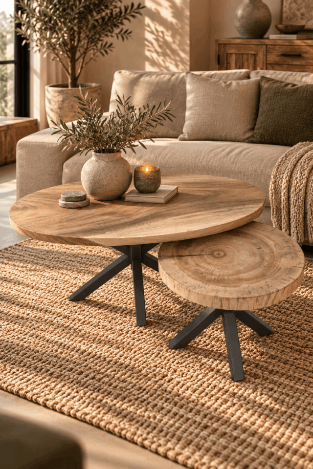 Suar houten salontafels in warm interieur
