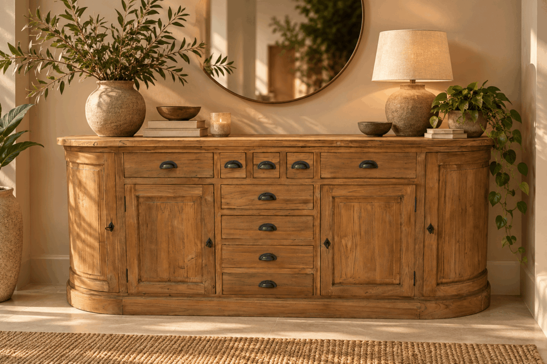 Warm houten dressoir met natuurlijke decoratie Warm houten dressoir met natuurlijke decoratie