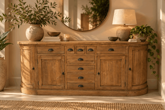 Warm houten dressoir met natuurlijke decoratie