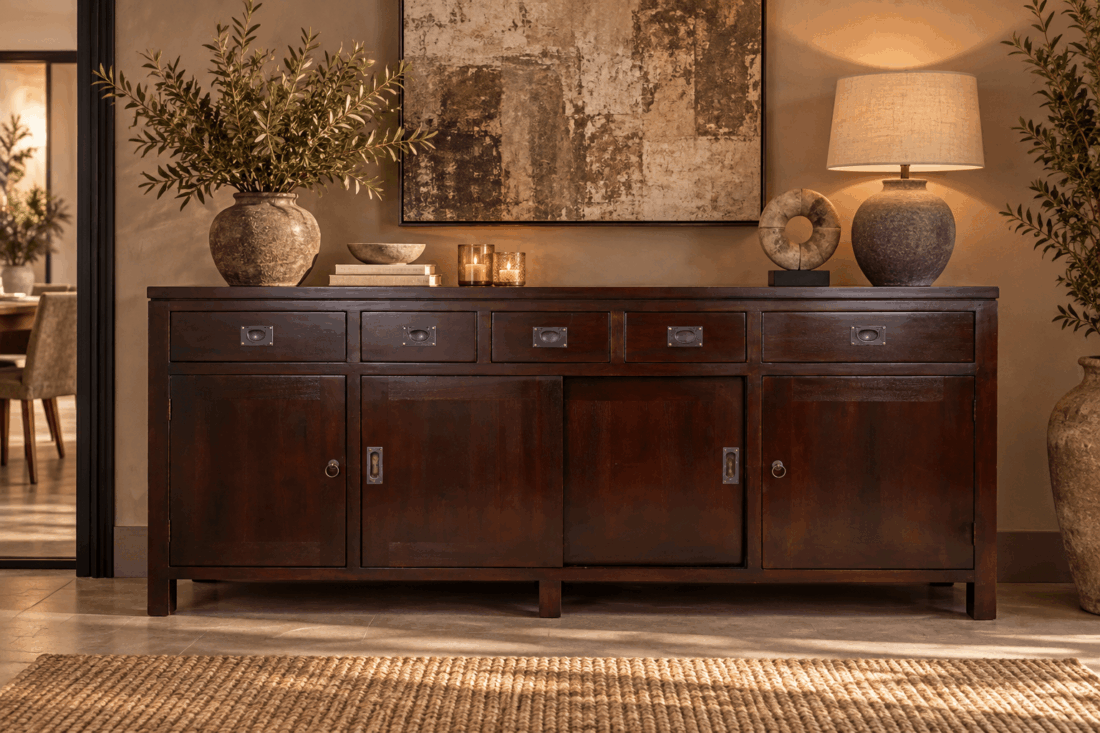 Warme houten sideboard in aardse interieurstijl