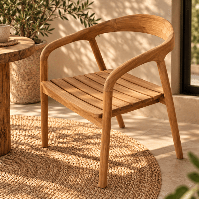 Warme teak houten ronde stoel in zonlicht
