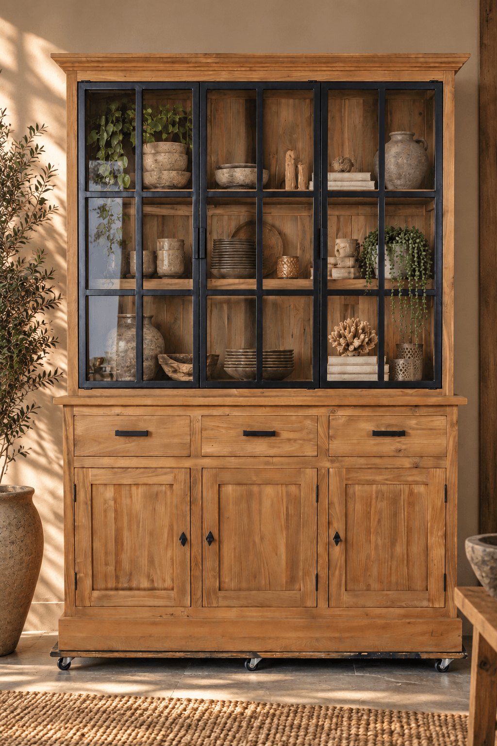 teak houten landelijke Vitrine kast met metalen deuren 150x53x220 cm smooth