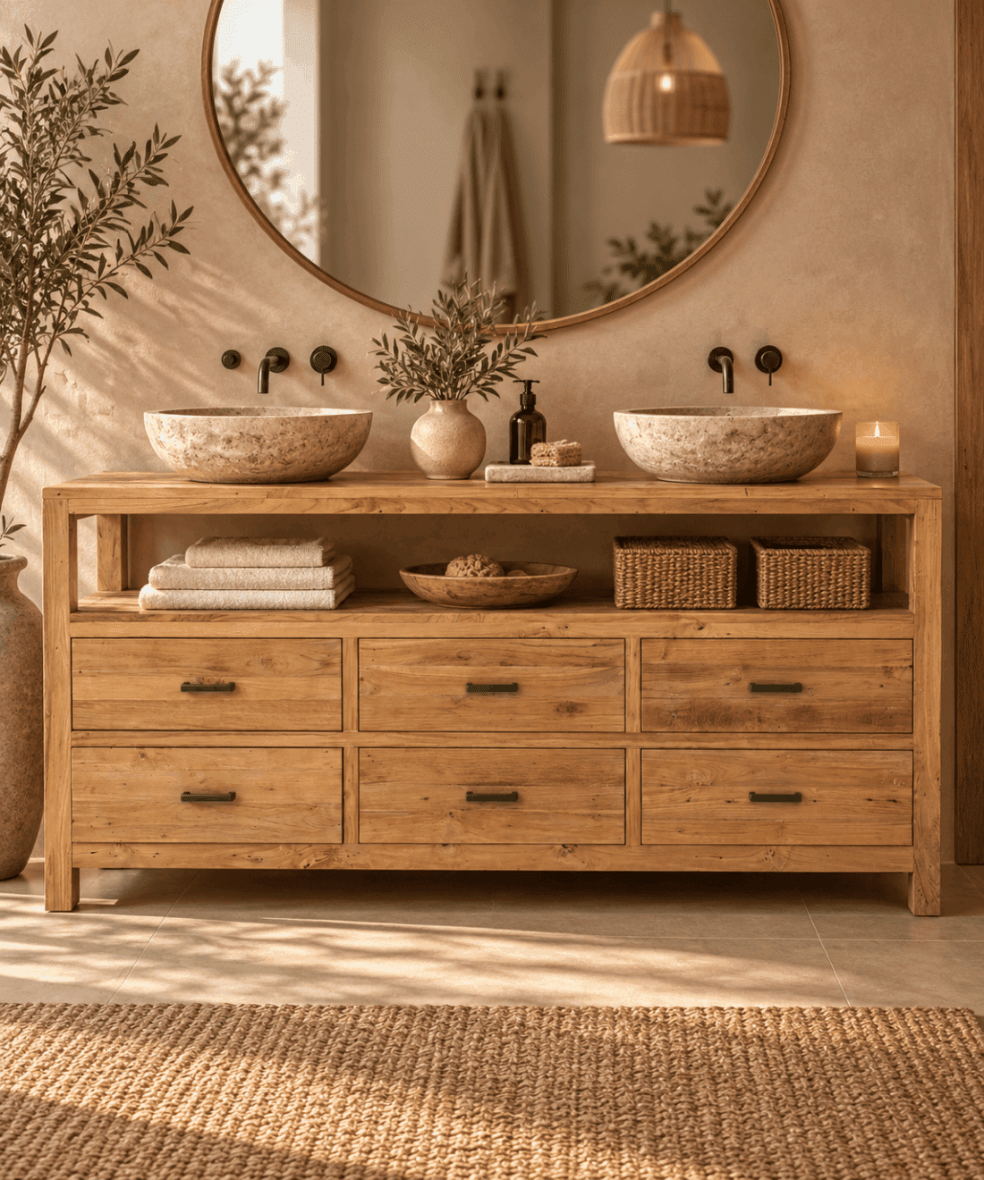 Warme natuurlijke badkamer met houten wastafelmeubel Warme natuurlijke badkamer met houten wastafelmeubel