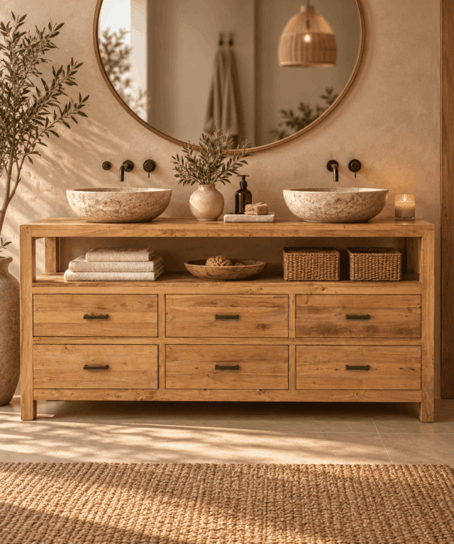 Warme natuurlijke badkamer met houten wastafelmeubel
