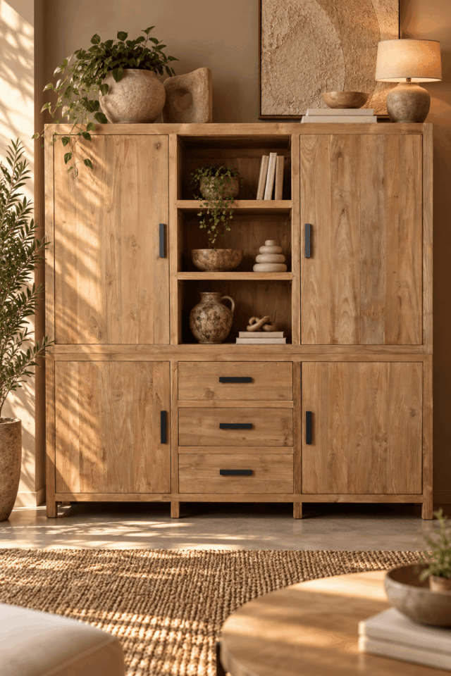 Warme teak houten rustieke opberg kast met natuurlijke decoratie