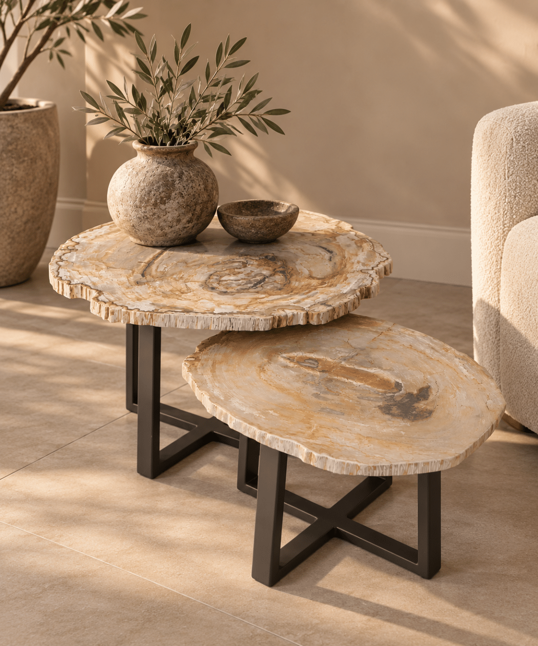 versteend houten salontafel set met bruin metalen onderstel versteend houten salontafel set met bruin metalen onderstel