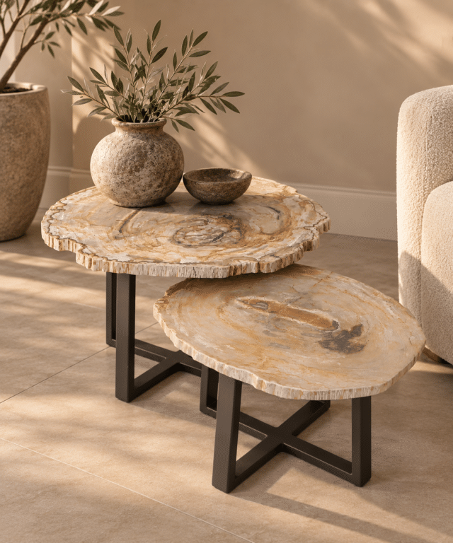 versteend houten salontafel set met bruin metalen onderstel