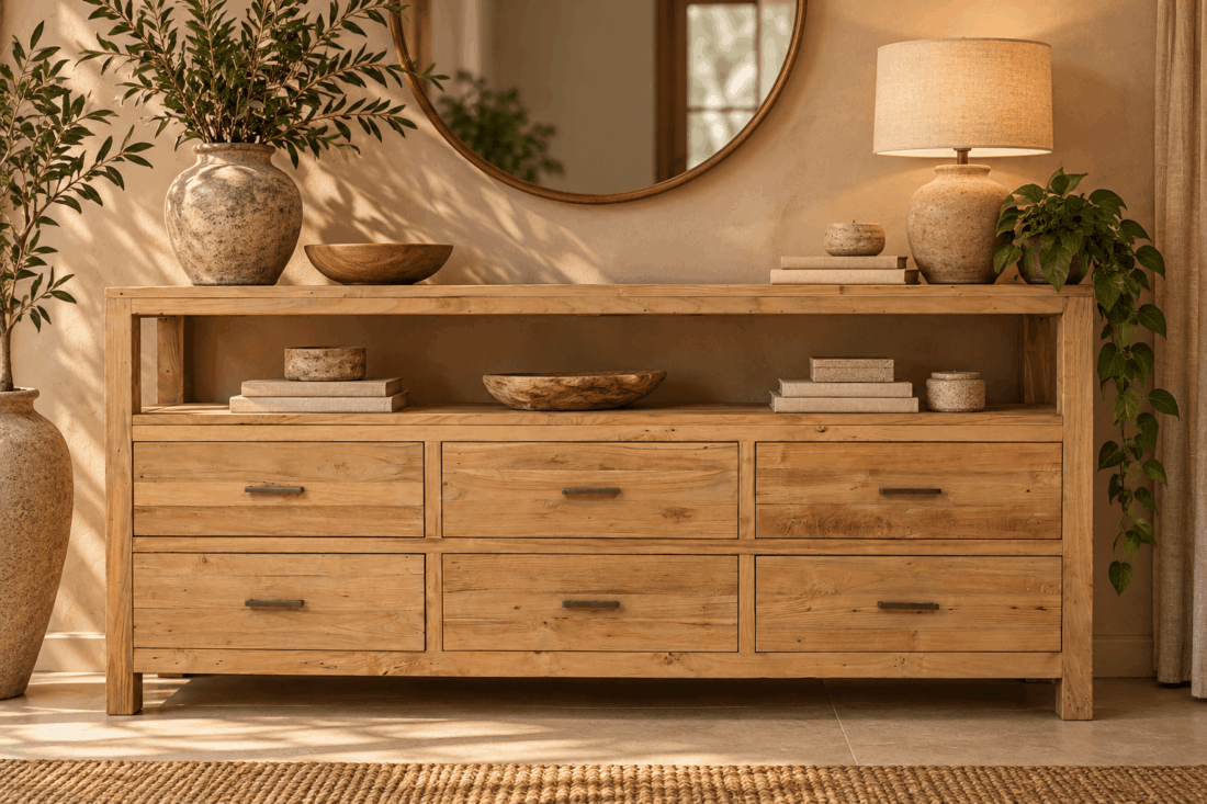 Warme natuurlijke badkamer met houten wastafelmeubel Warme natuurlijke badkamer met houten wastafelmeubel