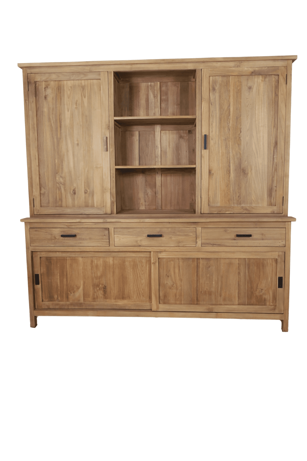 teak houten Vitrine kast opbergkast zonder glas breur 4 dichte deuren 3 lade en 3 open vakken 220x52x220 cm
