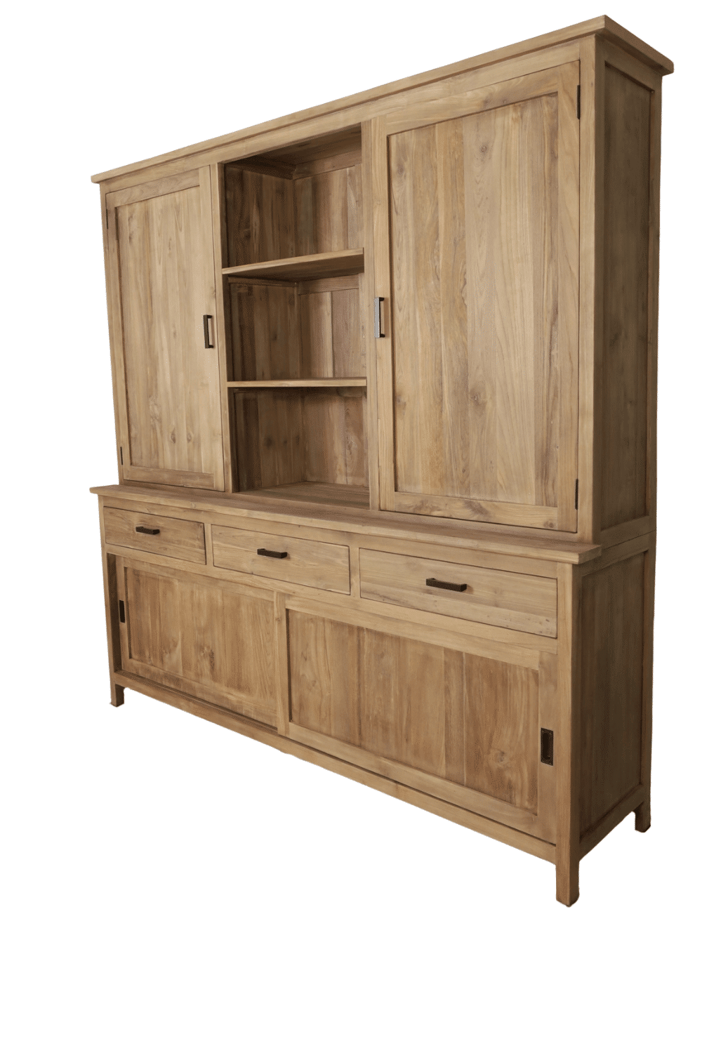 teak houten Vitrine kast opbergkast zonder glas breur 4 dichte deuren 3 lade en 3 open vakken 220x52x220 cm