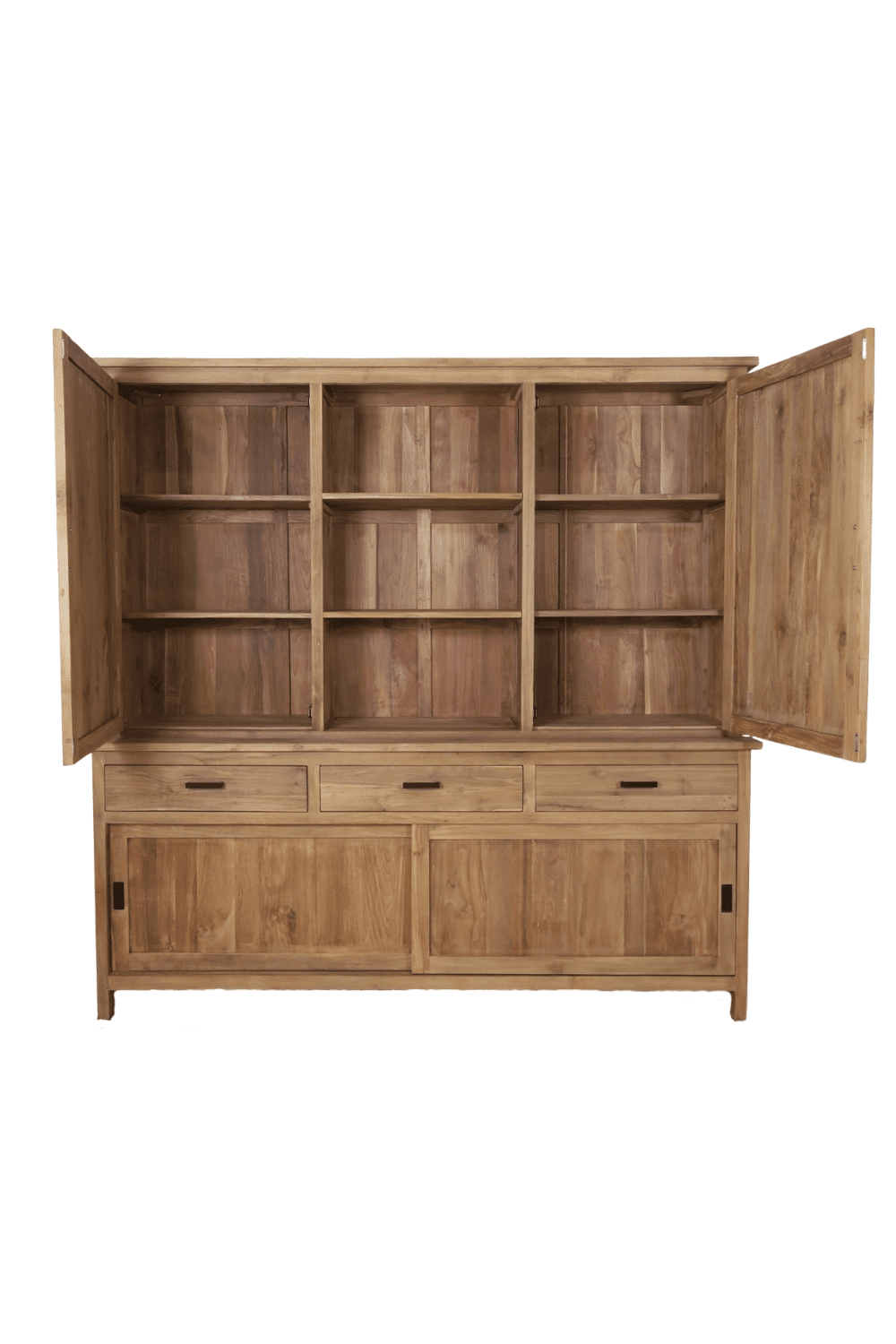teak houten Vitrine kast opbergkast zonder glas breur 4 dichte deuren 3 lade en 3 open vakken 220x52x220 cm