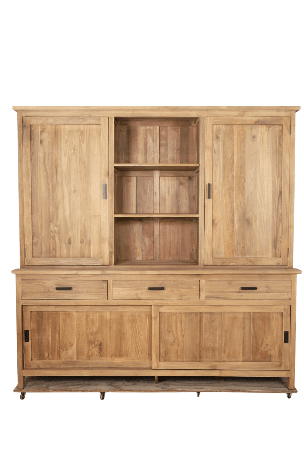 teak houten Vitrine kast opbergkast zonder glas breur 4 dichte deuren 3 lade en 3 open vakken 220x52x220 cm