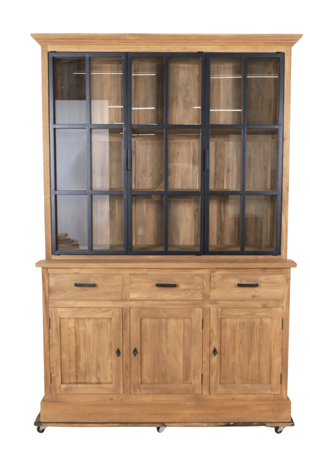teak houten landelijke Vitrine kast met metalen deuren 150x53x220 cm smooth