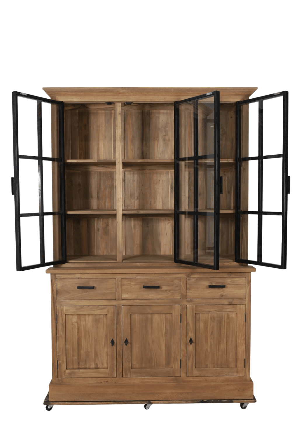 teak houten landelijke Vitrine kast met metalen deuren 150x53x220 cm smooth