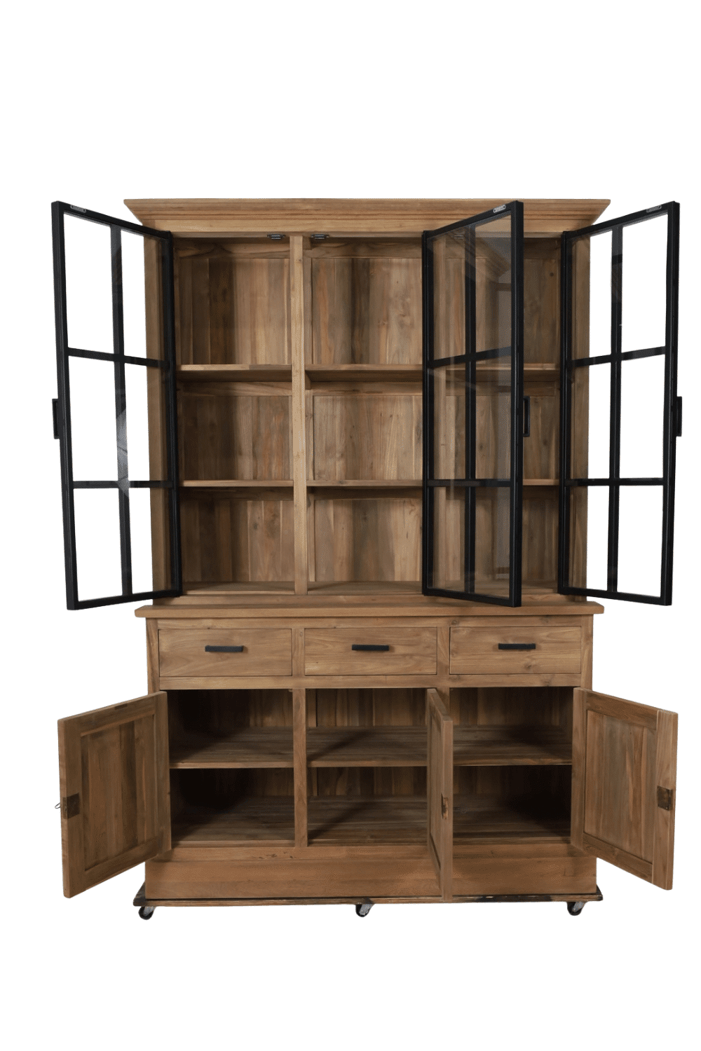 teak houten landelijke Vitrine kast met metalen deuren 150x53x220 cm smooth