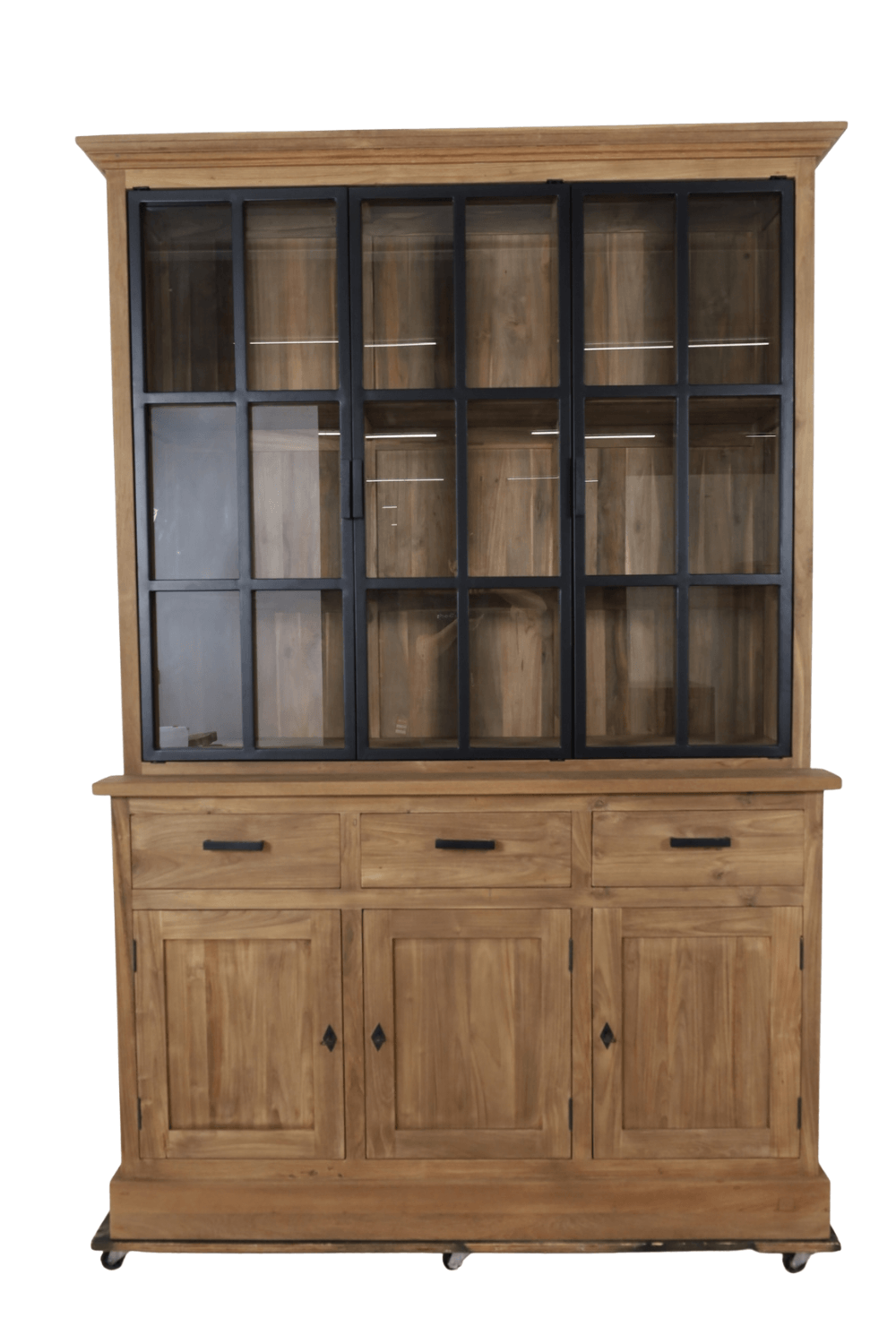 teak houten landelijke Vitrine kast met metalen deuren 150x53x220 cm smooth