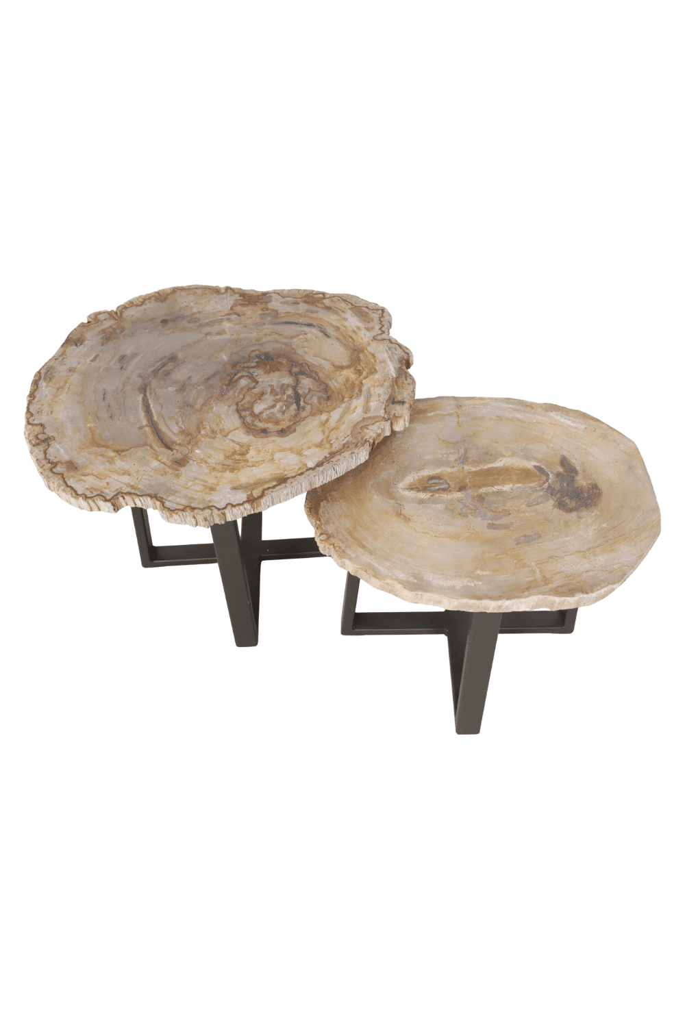 versteend houten salontafel set met bruin metalen onderstel versteend houten salontafel set met bruin metalen onderstel