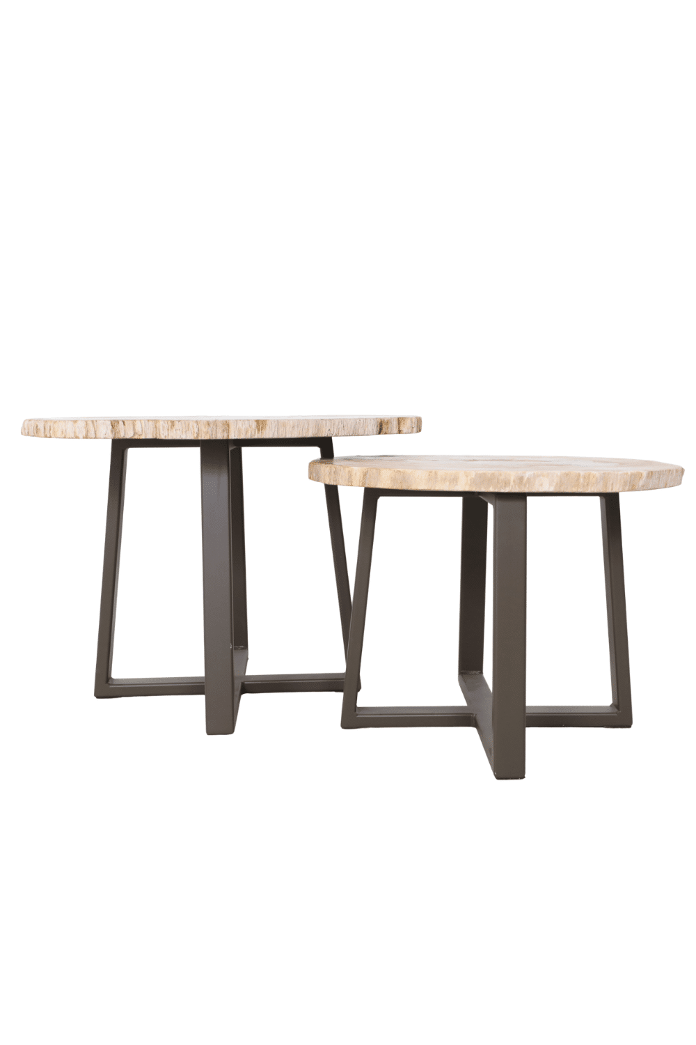 versteend houten salontafel set met bruin metalen onderstel versteend houten salontafel set met bruin metalen onderstel