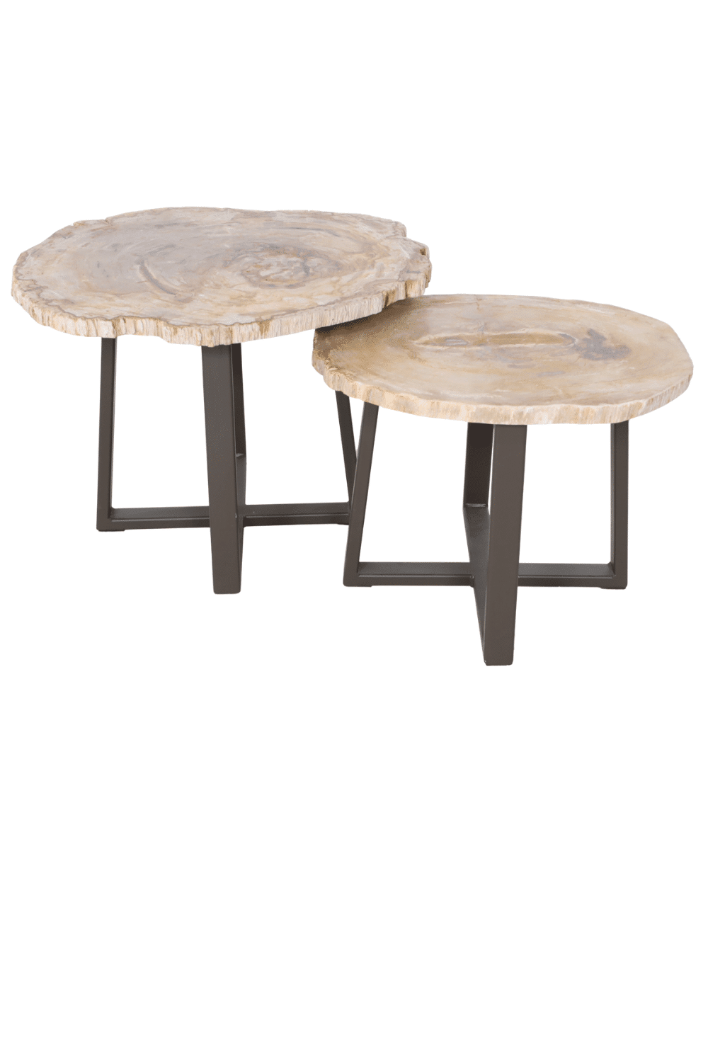 versteend houten salontafel set met bruin metalen onderstel versteend houten salontafel set met bruin metalen onderstel
