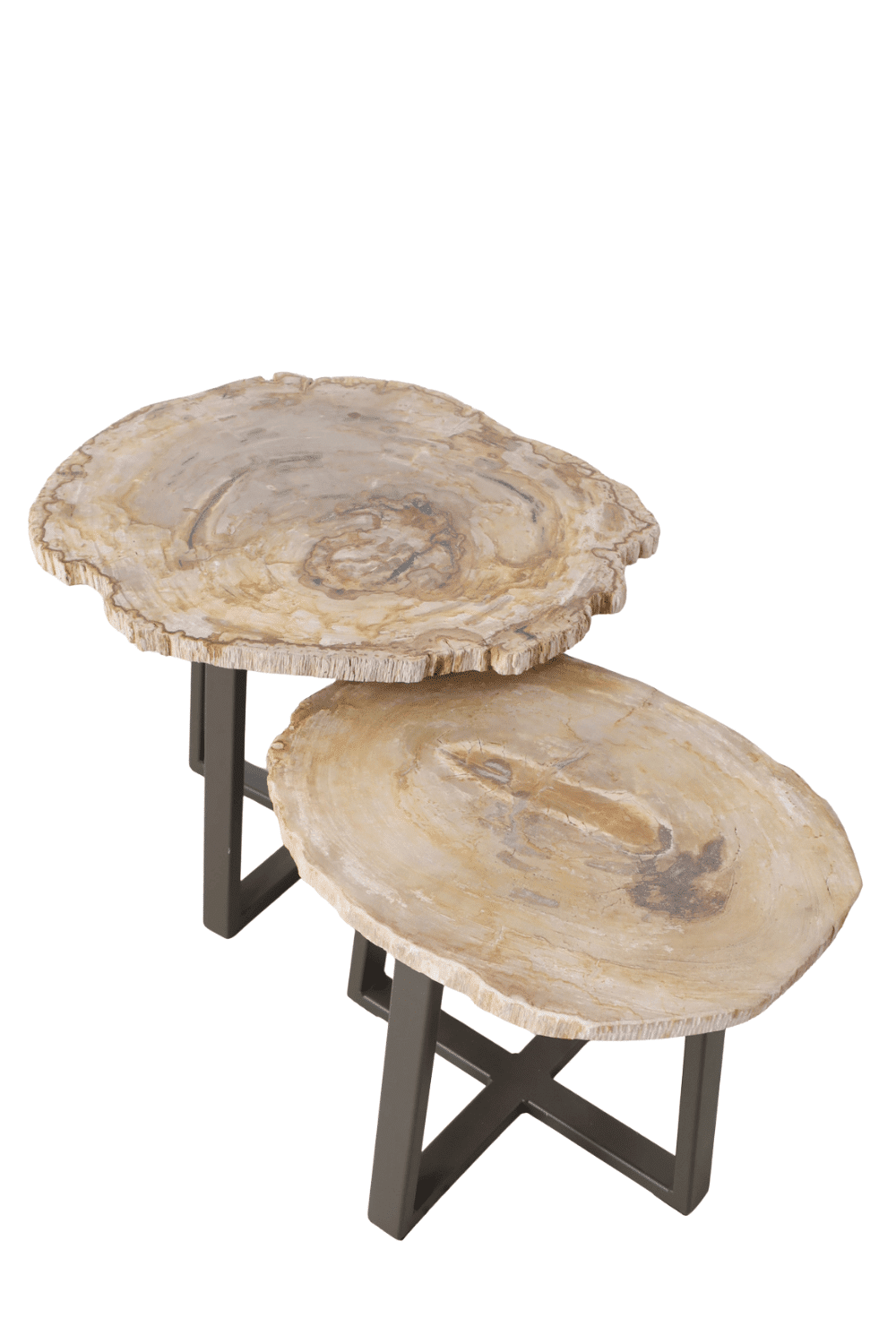 versteend houten salontafel set met bruin metalen onderstel versteend houten salontafel set met bruin metalen onderstel