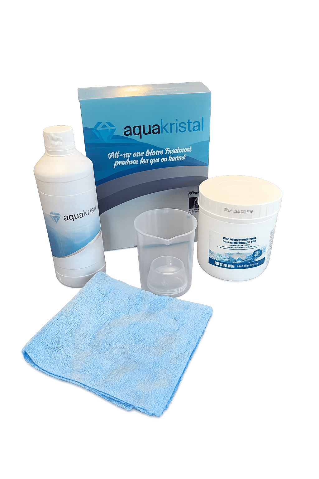 Aquakristal starterset voor hottub met fles, pot, doseerbeker en doek