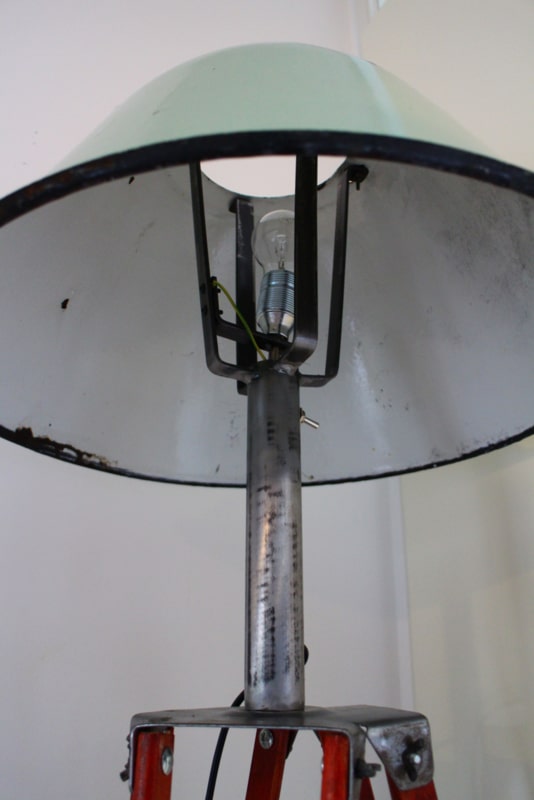 Industrial floor lamp on tripod with aluminum shade