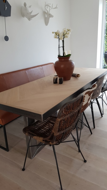 oak herringbone dining table metal base