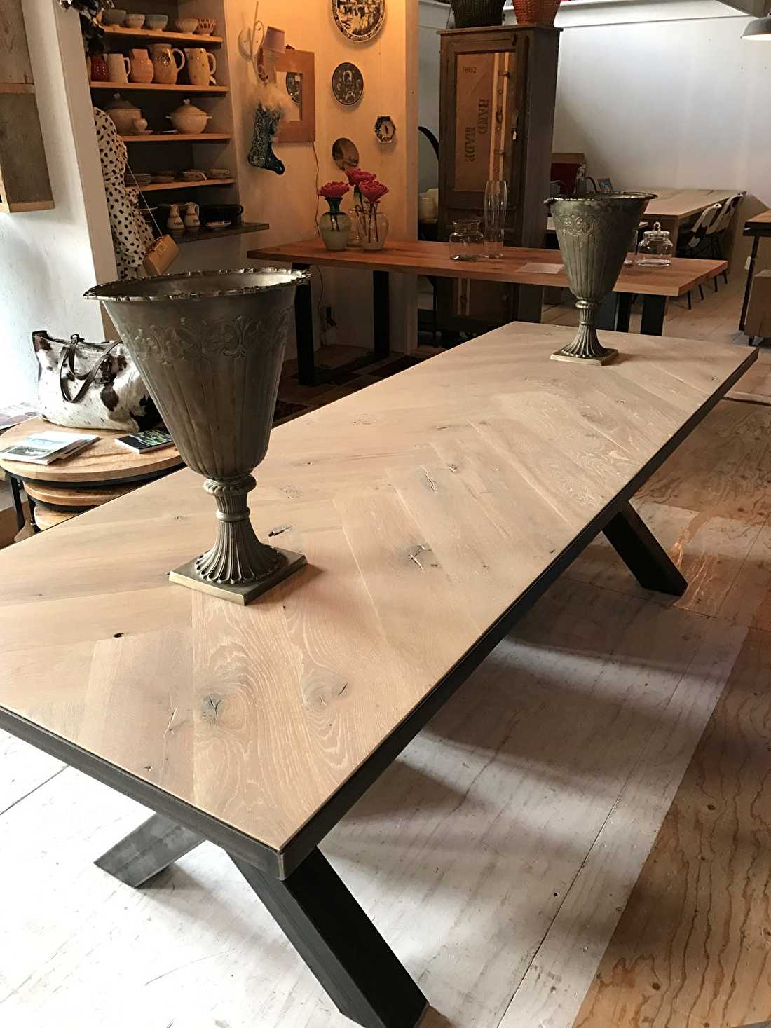 Herringbone oak table Osla square 6 or 8cm thick incl A-legs base